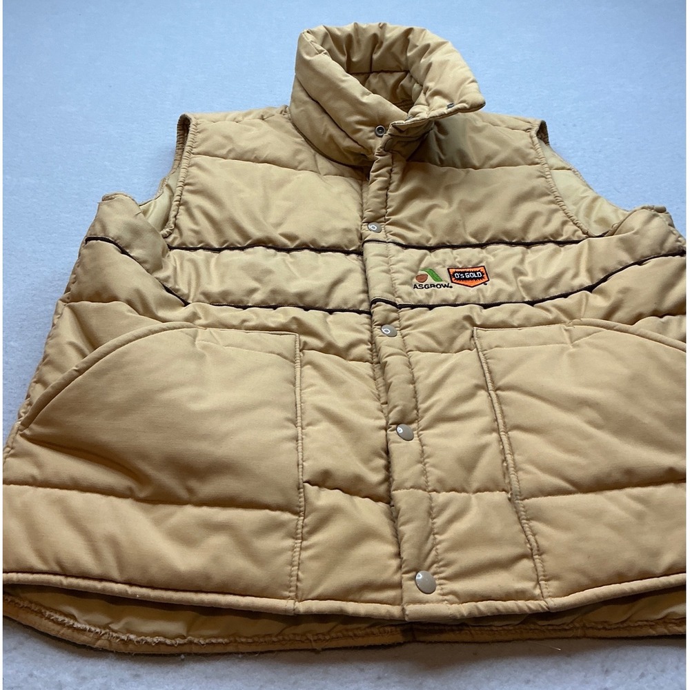 K-Brand‎ Vintage Puffer Vest Asgrow O's Gold Patch Tan XL Workwear USA Made